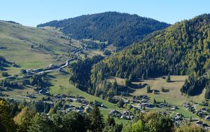 Preview wallpaper mountains, forest, village, houses, valley, landscape