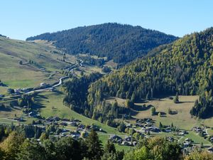 Preview wallpaper mountains, forest, village, houses, valley, landscape