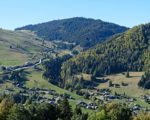 Preview wallpaper mountains, forest, village, houses, valley, landscape