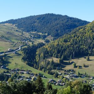 Preview wallpaper mountains, forest, village, houses, valley, landscape