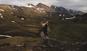 Preview wallpaper mountains, girl, trip, walk, tourist
