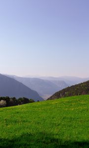 Preview wallpaper mountains, glade, grass, fog