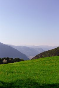 Preview wallpaper mountains, glade, grass, fog