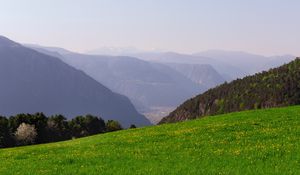 Preview wallpaper mountains, glade, grass, fog