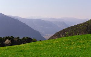 Preview wallpaper mountains, glade, grass, fog