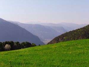 Preview wallpaper mountains, glade, grass, fog