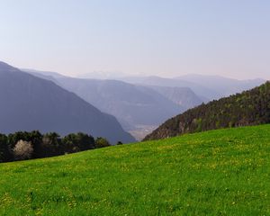 Preview wallpaper mountains, glade, grass, fog
