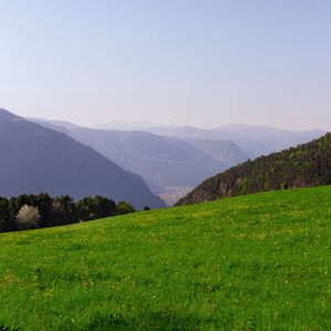 Preview wallpaper mountains, glade, grass, fog