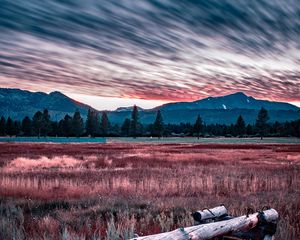 Preview wallpaper mountains, grass, fence, trees, sky, evening