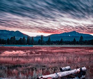 Preview wallpaper mountains, grass, fence, trees, sky, evening