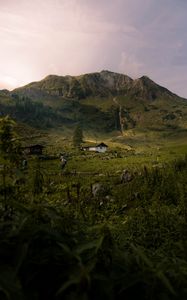 Preview wallpaper mountains, grass, house, hill