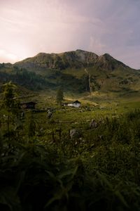 Preview wallpaper mountains, grass, house, hill