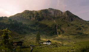 Preview wallpaper mountains, grass, house, hill