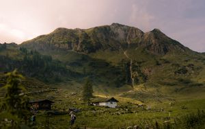 Preview wallpaper mountains, grass, house, hill