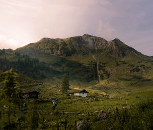 Preview wallpaper mountains, grass, house, hill