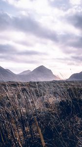 Preview wallpaper mountains, grass, landscape, clouds, fog, hilly