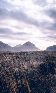 Preview wallpaper mountains, grass, landscape, clouds, fog, hilly
