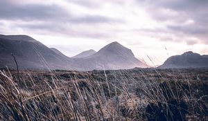 Preview wallpaper mountains, grass, landscape, clouds, fog, hilly