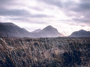 Preview wallpaper mountains, grass, landscape, clouds, fog, hilly
