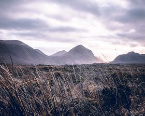 Preview wallpaper mountains, grass, landscape, clouds, fog, hilly
