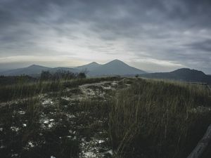 Preview wallpaper mountains, grass, path, distance