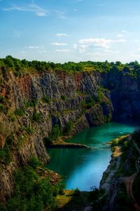 Preview wallpaper mountains, grass, river, sea, beautiful, evening