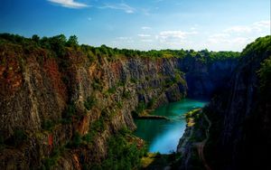 Preview wallpaper mountains, grass, river, sea, beautiful, evening