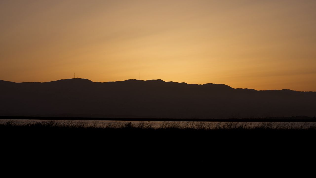 Wallpaper mountains, grass, river, twilight, silhouettes