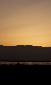 Preview wallpaper mountains, grass, river, twilight, silhouettes