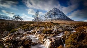 Preview wallpaper mountains, grass, river, trees, rocks