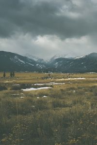 Preview wallpaper mountains, grass, sky, overcast, clouds