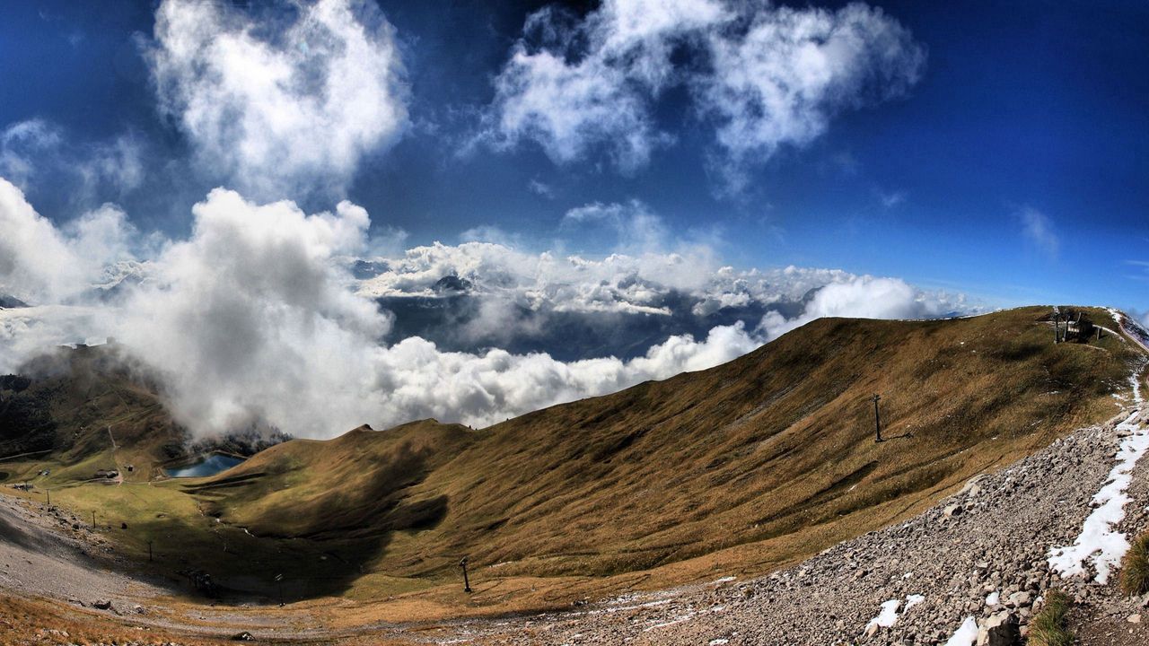 Wallpaper mountains, grass, sky, clouds, fog