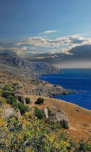 Preview wallpaper mountains, grass, sky, sea, beautifully