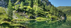 Preview wallpaper mountains, grass, sky, lake