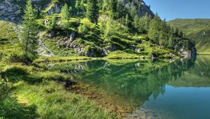 Preview wallpaper mountains, grass, sky, lake