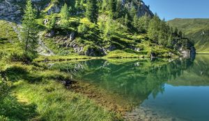 Preview wallpaper mountains, grass, sky, lake