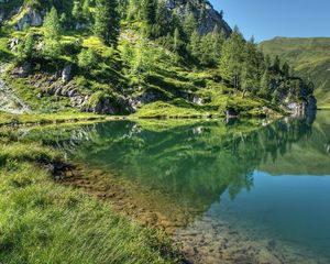 Preview wallpaper mountains, grass, sky, lake