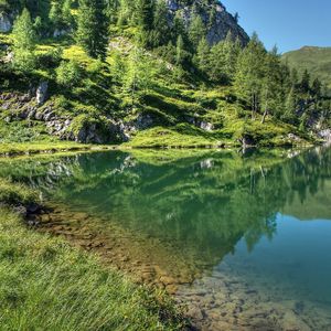 Preview wallpaper mountains, grass, sky, lake