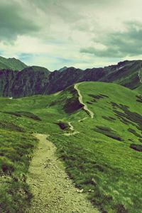 Preview wallpaper mountains, grass, sky, top