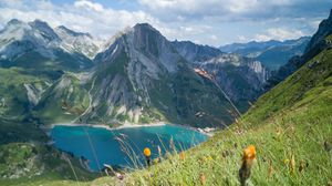 Preview wallpaper mountains, grass, slope, lake, nature