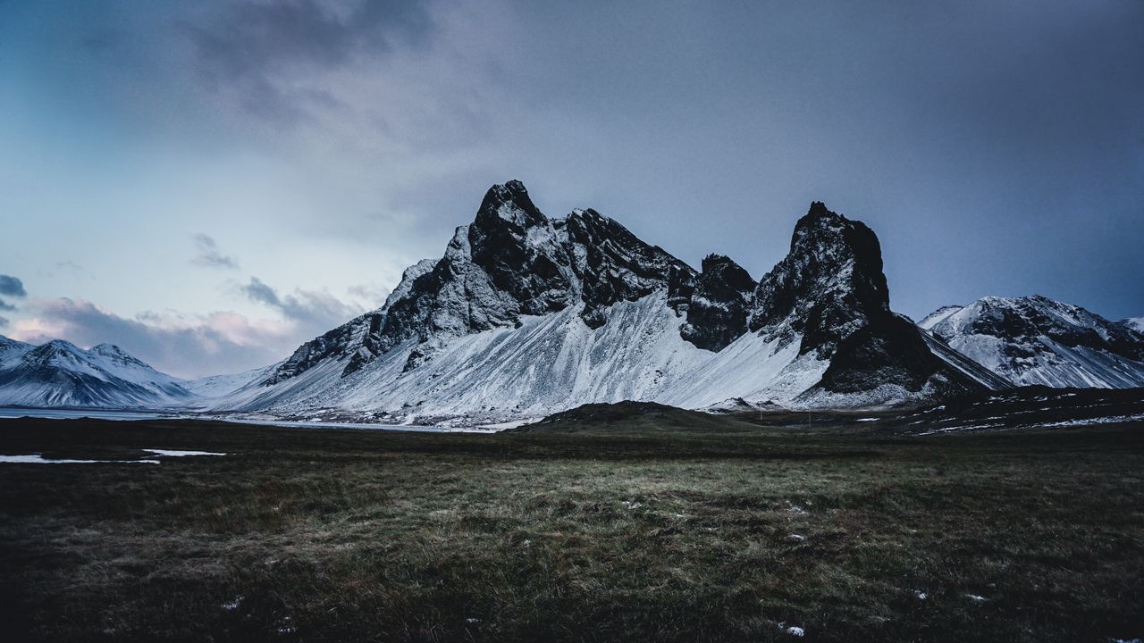 Wallpaper mountains, grass, snow, evening