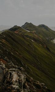 Preview wallpaper mountains, grass, stones, top