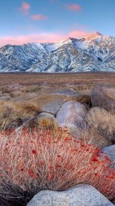 Preview wallpaper mountains, grass, stones, evening, autumn, snow