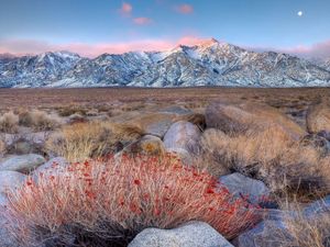 Preview wallpaper mountains, grass, stones, evening, autumn, snow