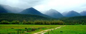 Preview wallpaper mountains, grass, summer, fence