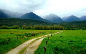 Preview wallpaper mountains, grass, summer, fence