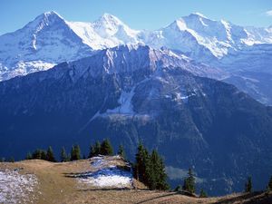 Preview wallpaper mountains, greatness, kingdom, tops, snow, trees