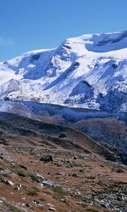 Preview wallpaper mountains, greatness, stones, snow, clouds, sky, track