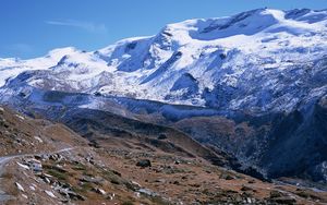 Preview wallpaper mountains, greatness, stones, snow, clouds, sky, track