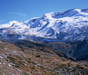 Preview wallpaper mountains, greatness, stones, snow, clouds, sky, track